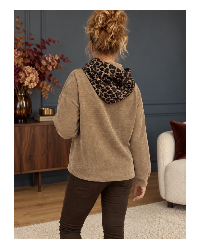 Sweat en velours taupe & léopard