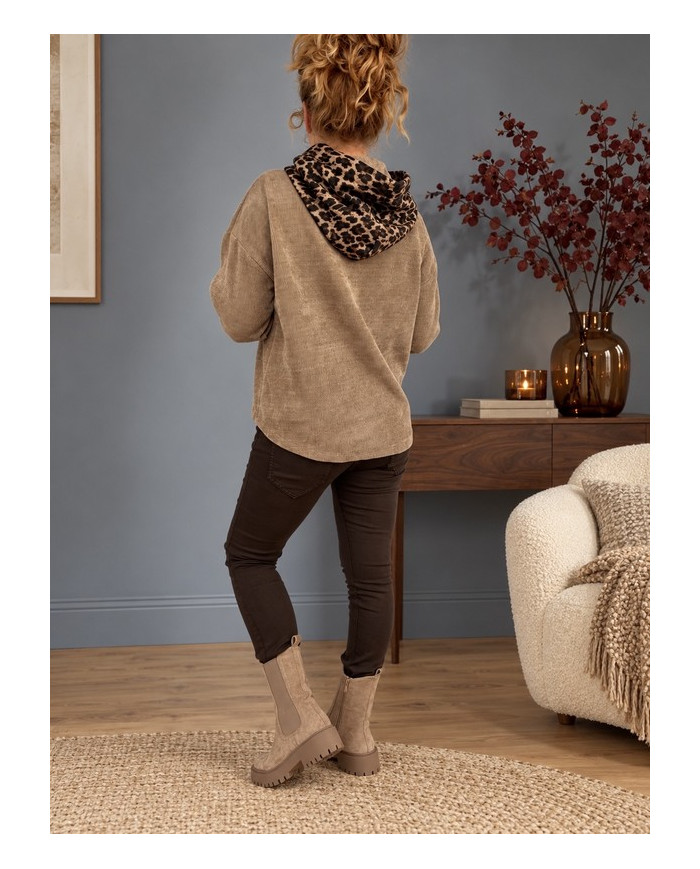 Sweat en velours taupe & léopard