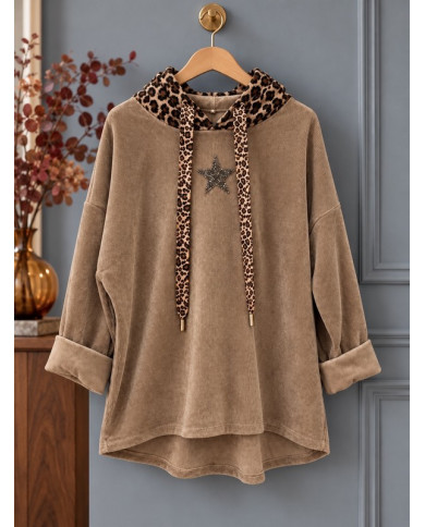Sweat en velours taupe & léopard