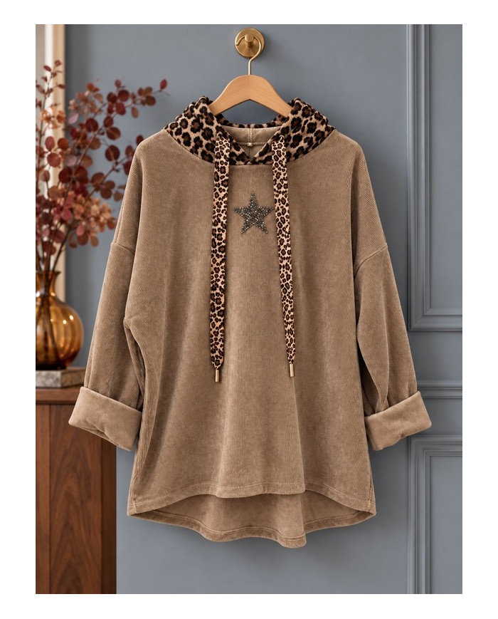 Sweat en velours taupe & léopard