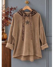 Sweat en velours taupe & léopard