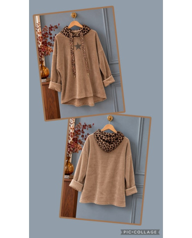 Sweat en velours taupe & léopard