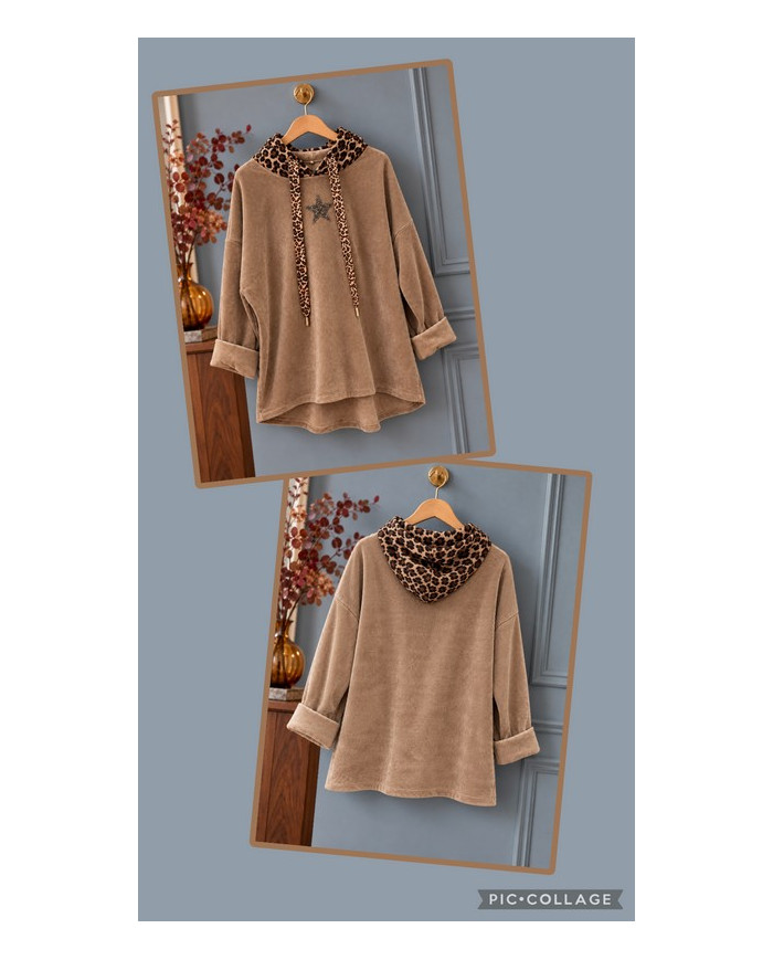 Sweat en velours taupe & léopard