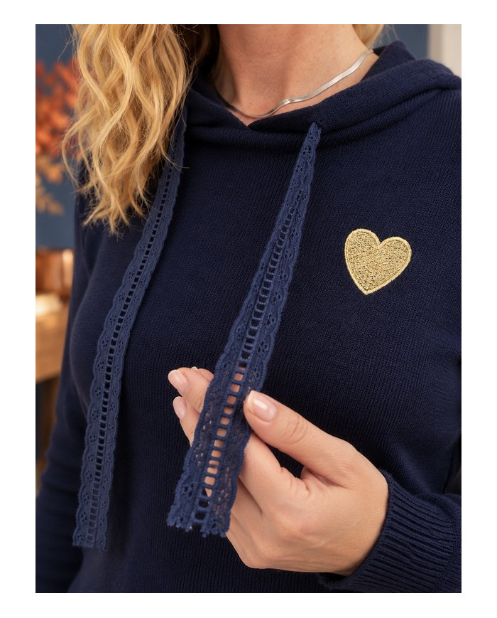 Pull à capuche marine cœur doré