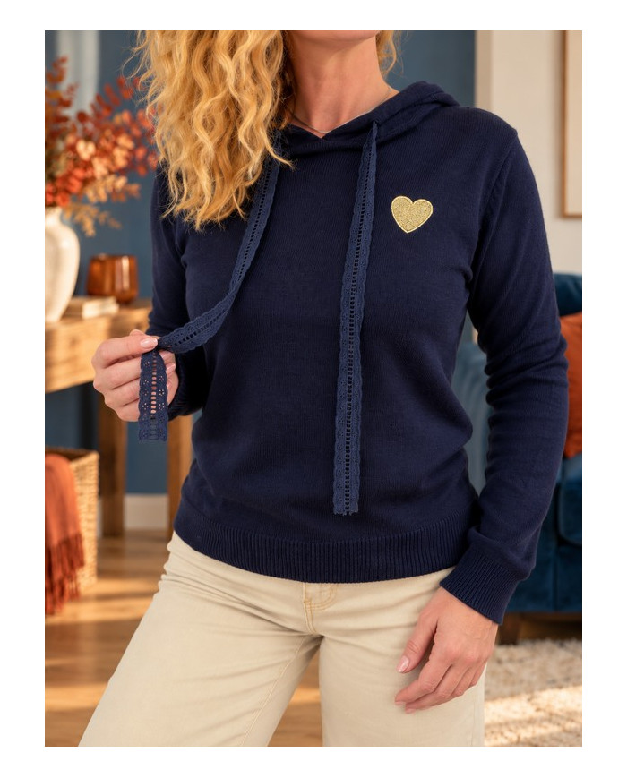 Pull à capuche marine cœur doré