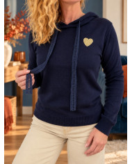 Pull à capuche marine cœur doré