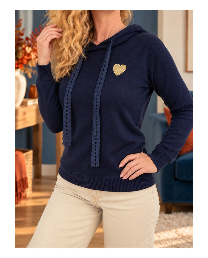 Pull à capuche marine cœur doré