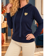 Pull à capuche marine cœur doré