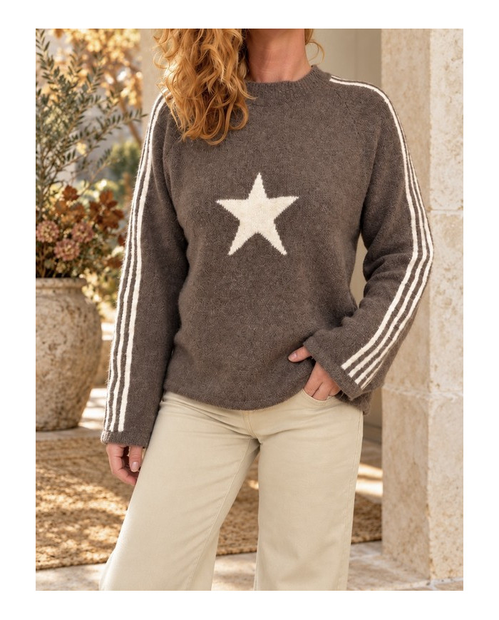 Pull chaud taupe avec étoile écru