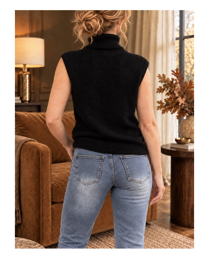 Pull col roulé alpaga sans manches noir
