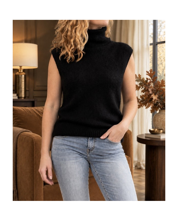 Pull col roulé alpaga sans manches noir
