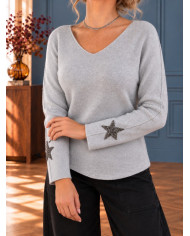 Pull gris clair étoile aux manches