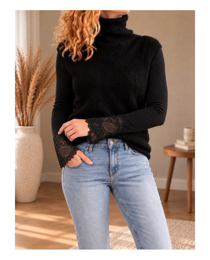 Pull col roulé alpaga sans manches noir
