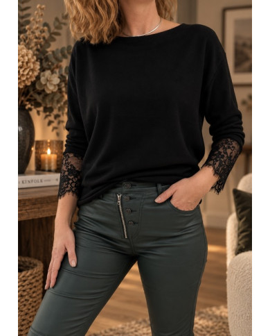 Pull noir manches dentelle Leny