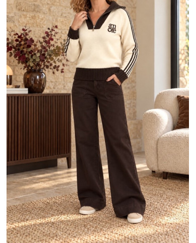 Pull écru & choco col camionneur "Amore"