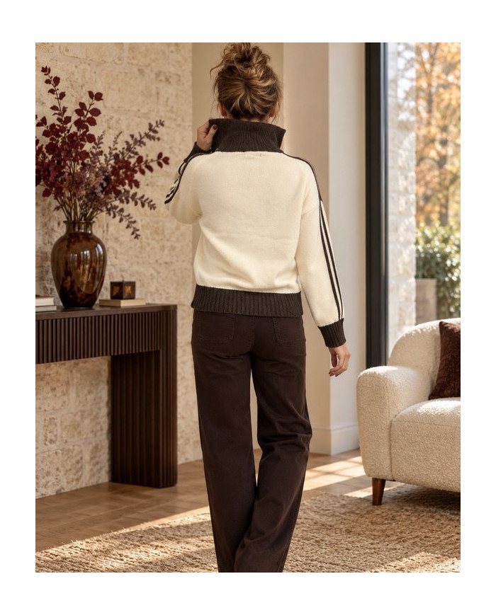 Pull écru & choco col camionneur "Amore"