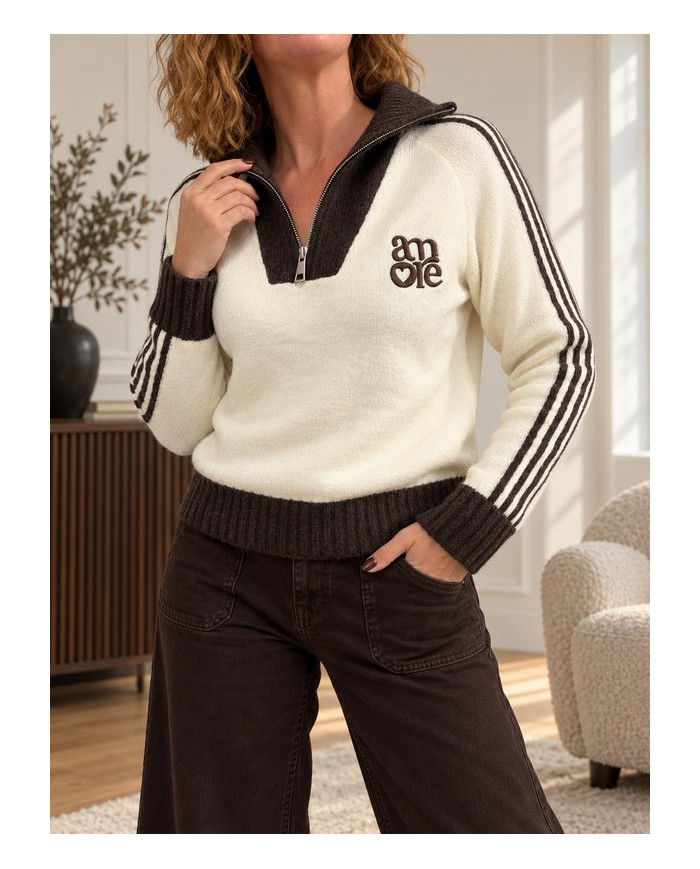 Pull écru & choco col camionneur "Amore"