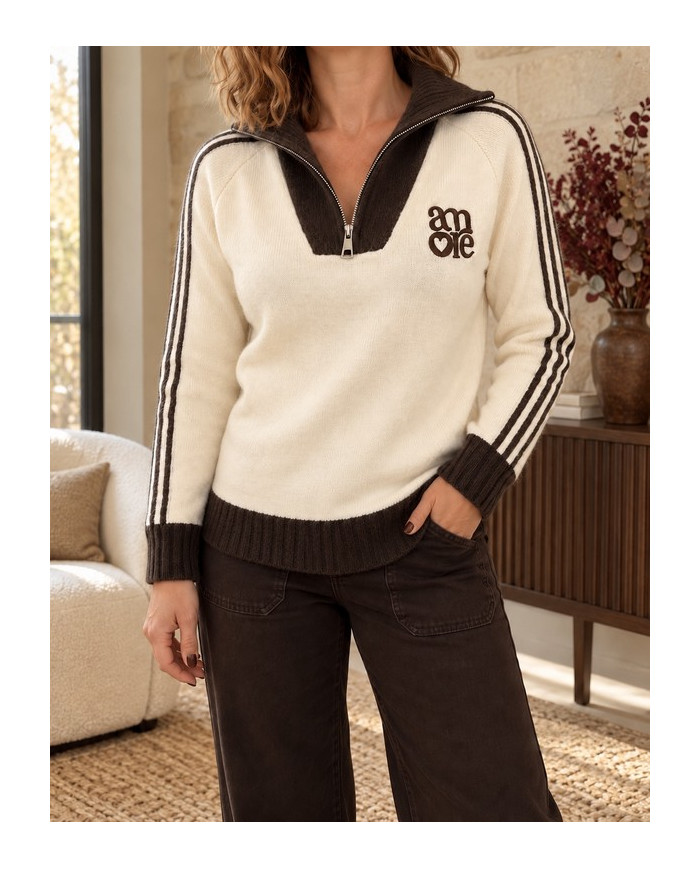 Pull écru & choco col camionneur "Amore"