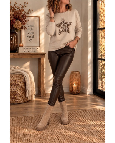Pantalon legging en simili chocolat Salim