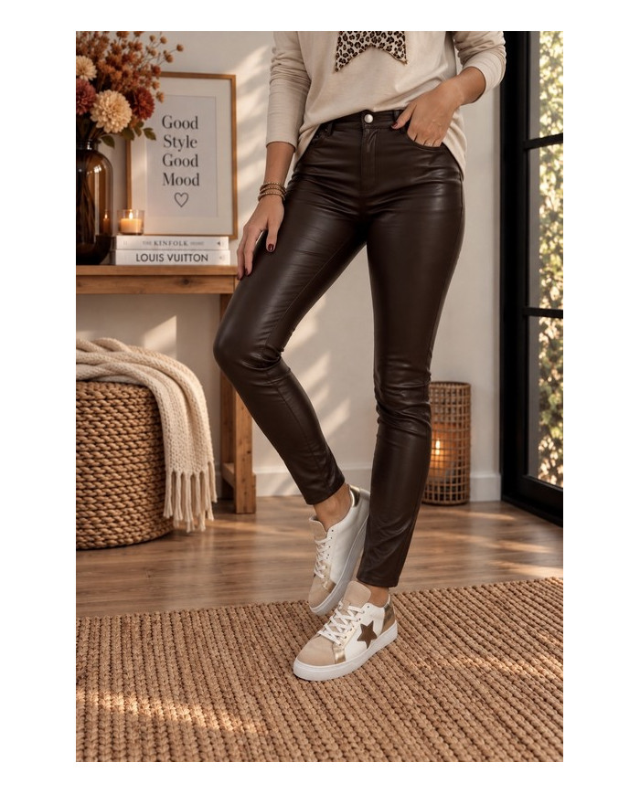 Pantalon legging en simili chocolat Salim