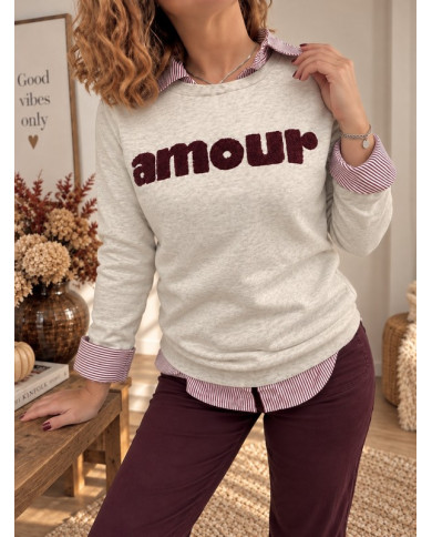 Sweat "Amour" beige chiné & bordeaux
