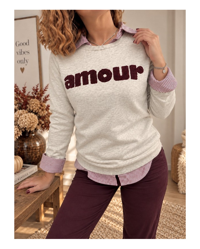 Sweat "Amour" beige chiné & bordeaux