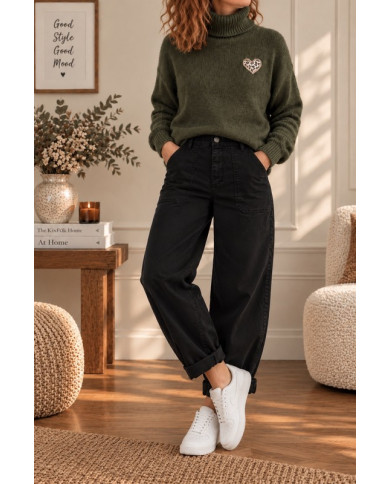 Pull col roulé kaki & cœur léopard