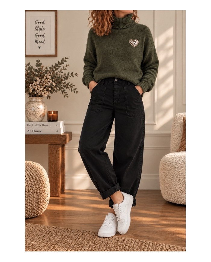 Pull col roulé kaki & cœur léopard