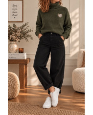 Pull col roulé kaki & cœur léopard