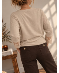 Pull beige manches dentelle