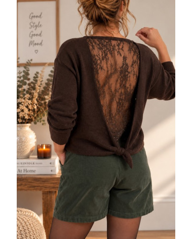 Pull choco dos dentelle & strass