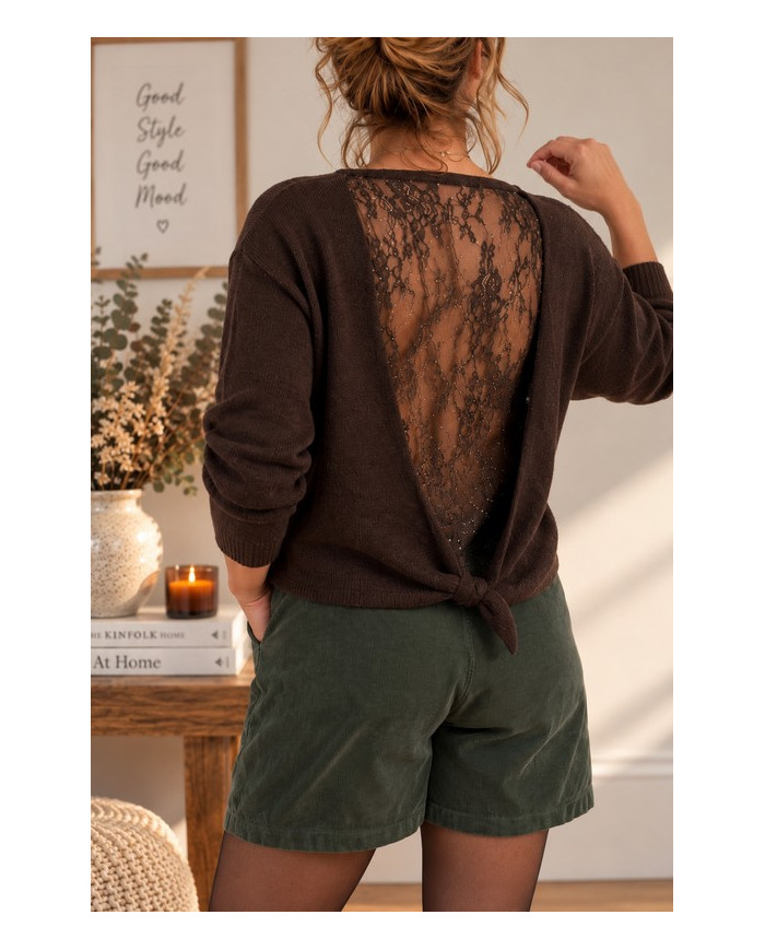 Pull choco dos dentelle & strass