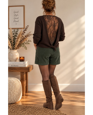 Pull choco dos dentelle & strass