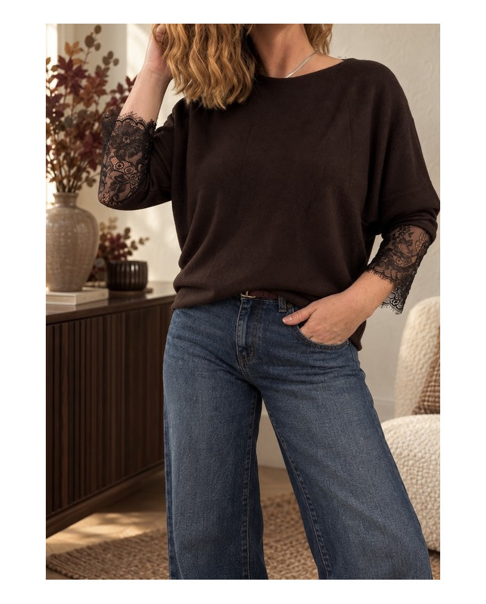Pull choco manches dentelle Azio