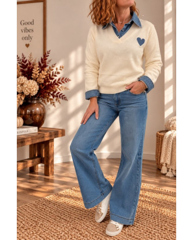 Pull écru & cœur denim