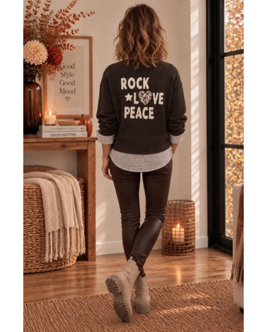 Pull "Rock Love Peace" chocolat