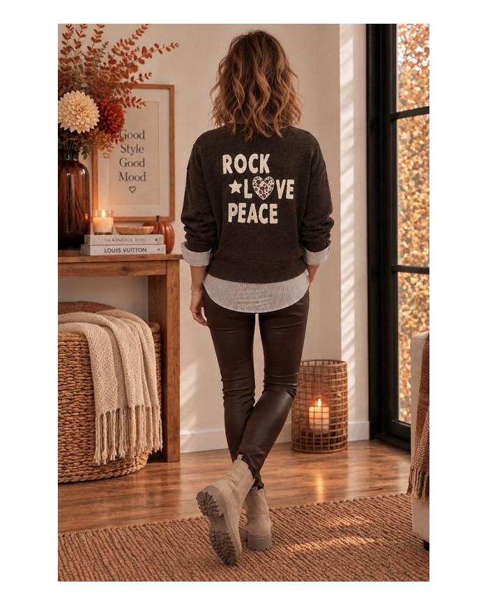 Pull "Rock Love Peace" chocolat