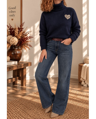 Pull col roulé marine & cœur léopard