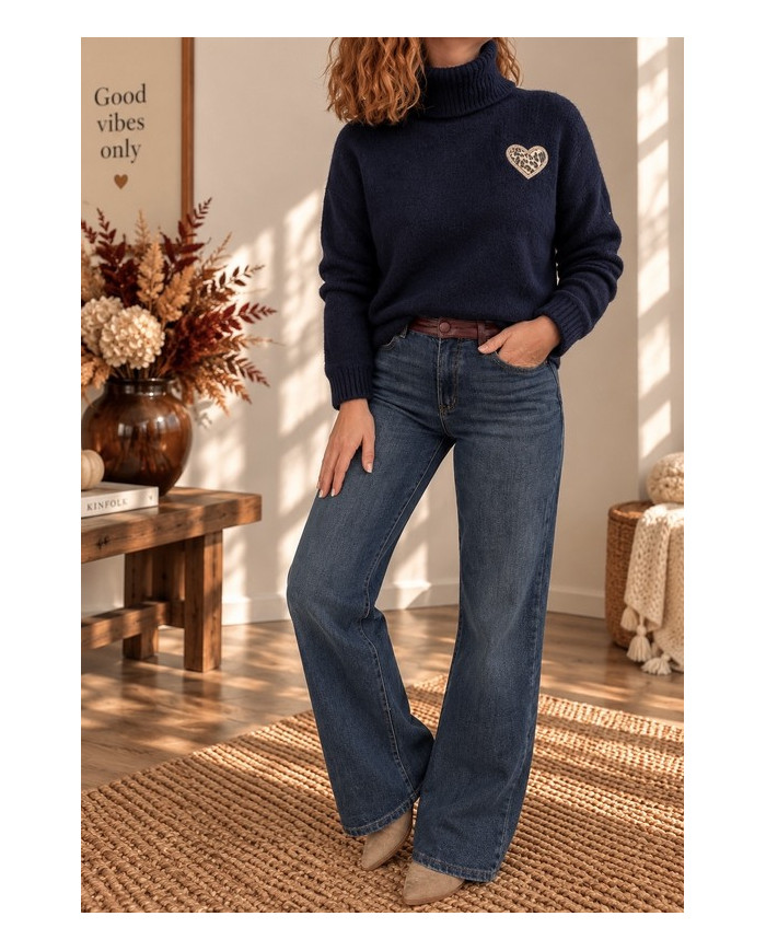 Pull col roulé marine & cœur léopard
