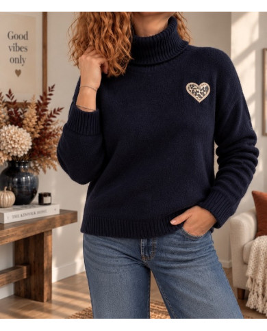 Pull col roulé marine & cœur léopard