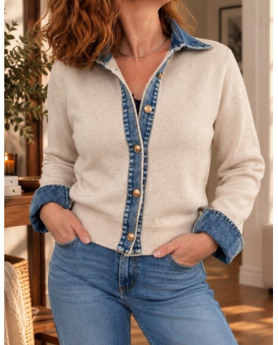 Gilet beige & col chemise en jean