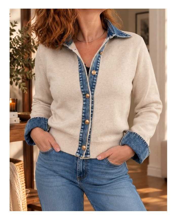 Gilet beige & col chemise en jean