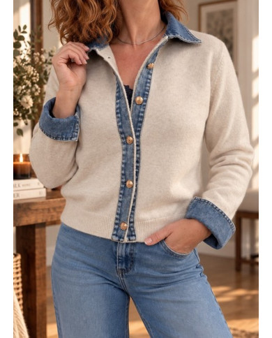Gilet beige & col chemise en jean