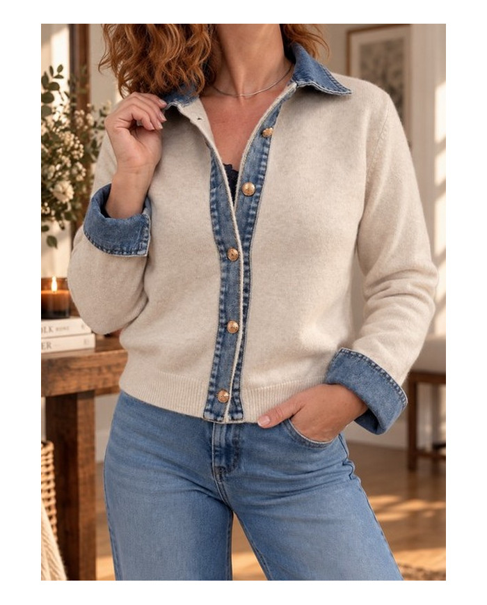 Gilet beige & col chemise en jean