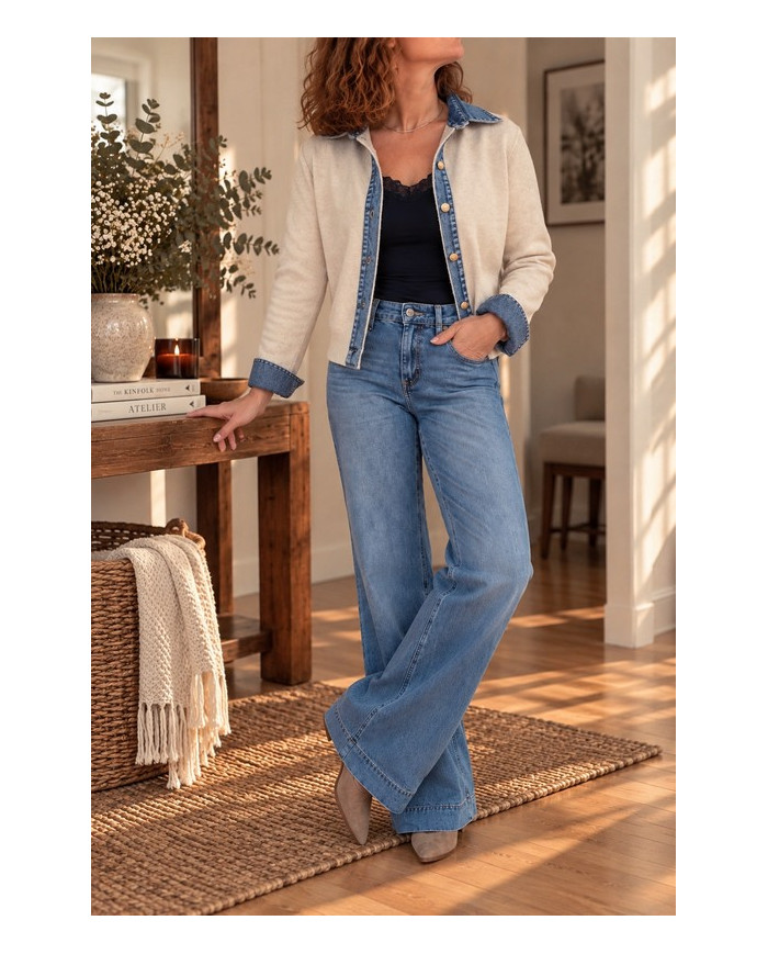 Gilet beige & col chemise en jean