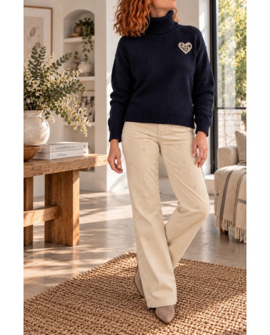 Pull col roulé marine & cœur léopard