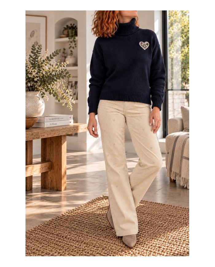 Pull col roulé marine & cœur léopard