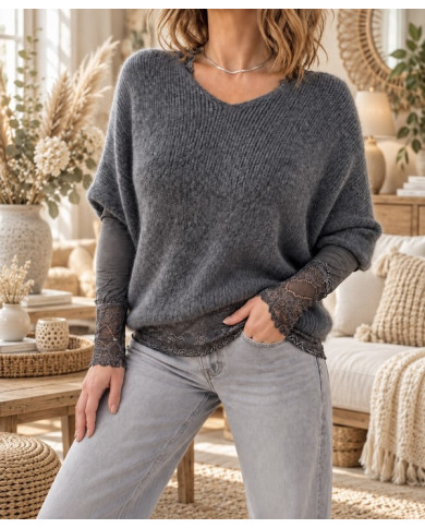 Top léger dentelle gris
