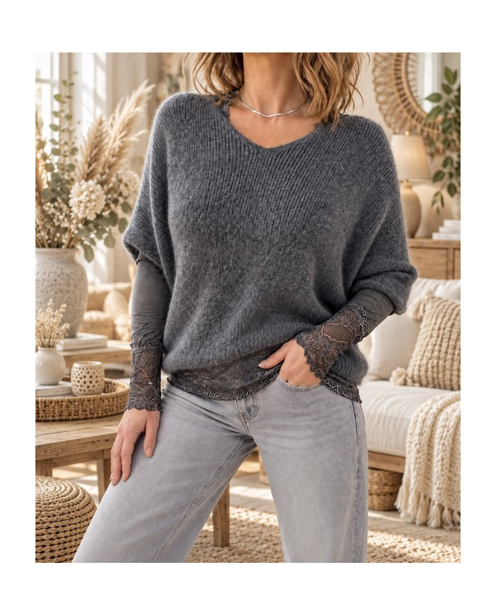 Top léger dentelle gris
