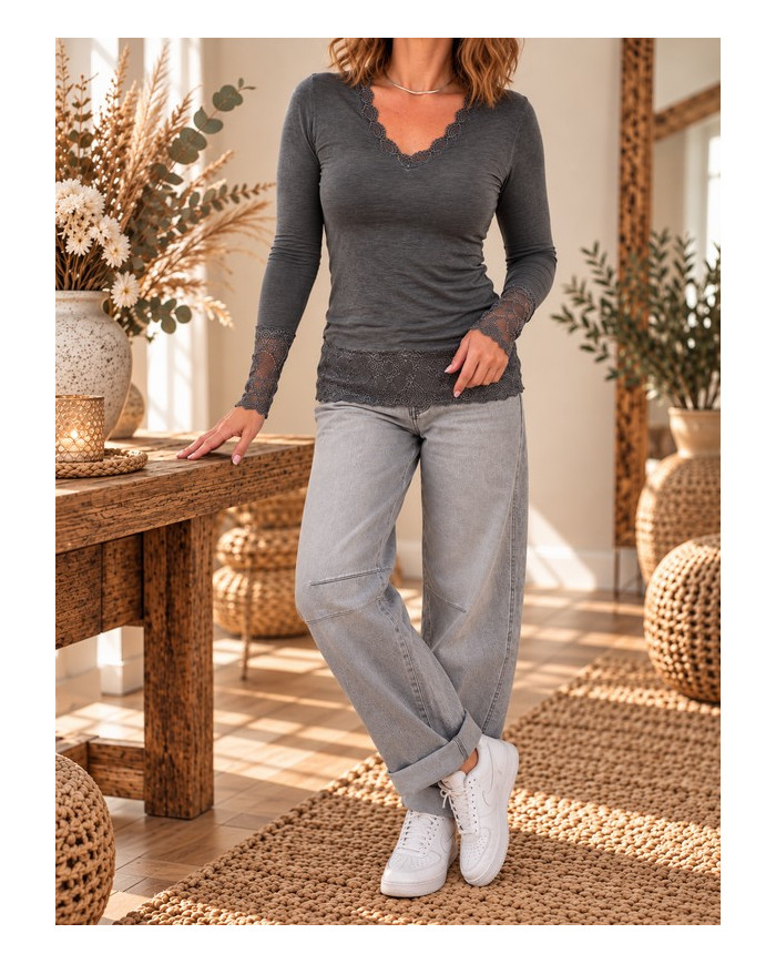 Top léger dentelle gris